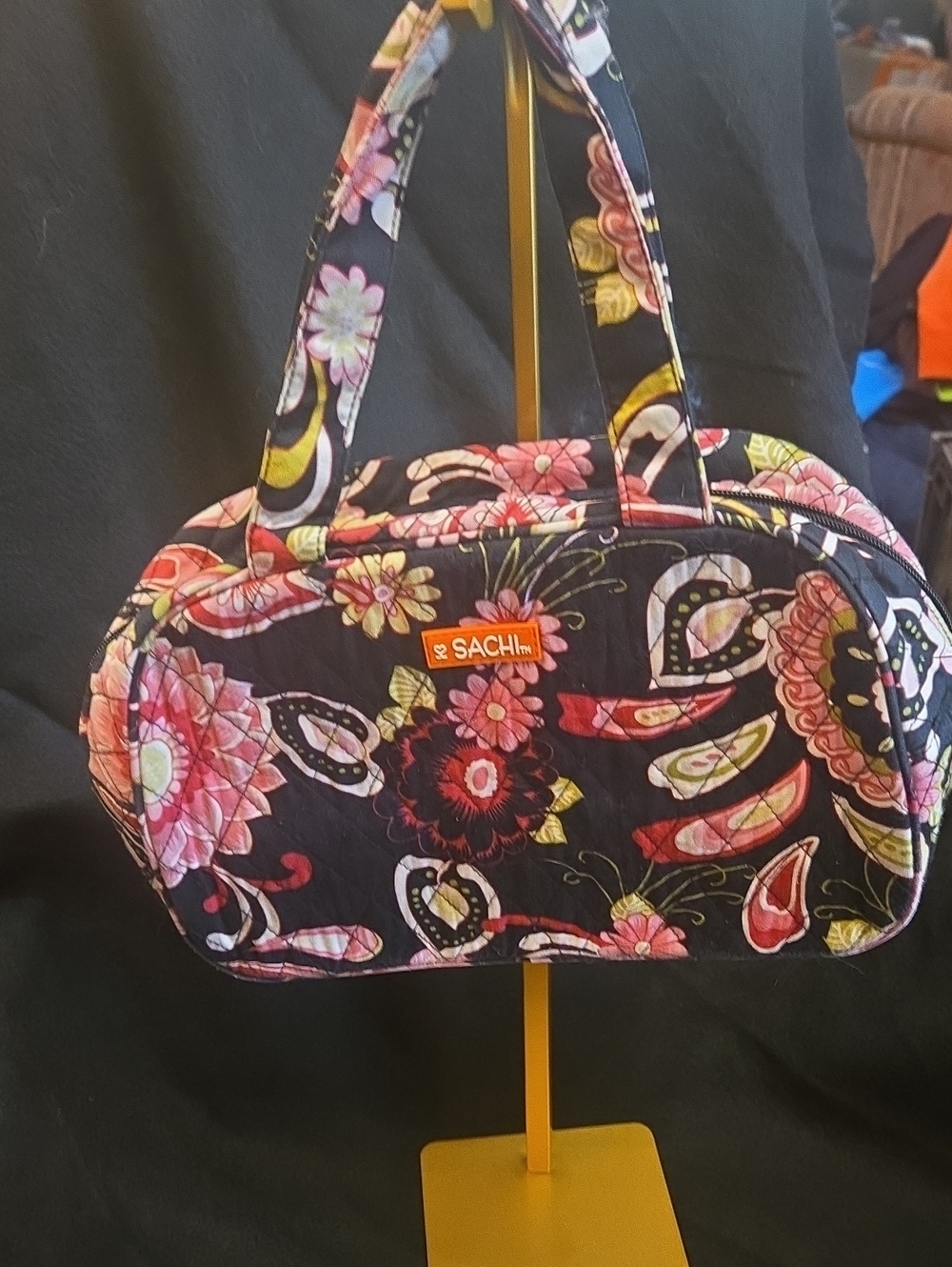 SACHI Black Quilted Cosmetic Bag Floral Print  Could Use as a Bottle Carrier